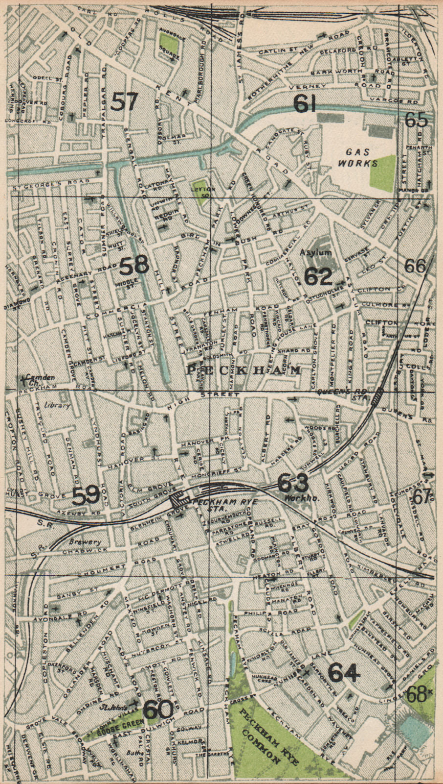 PECKHAM RYE. Old Kent Road Queen's Road East Dulwich Surrey Canal 1935 map